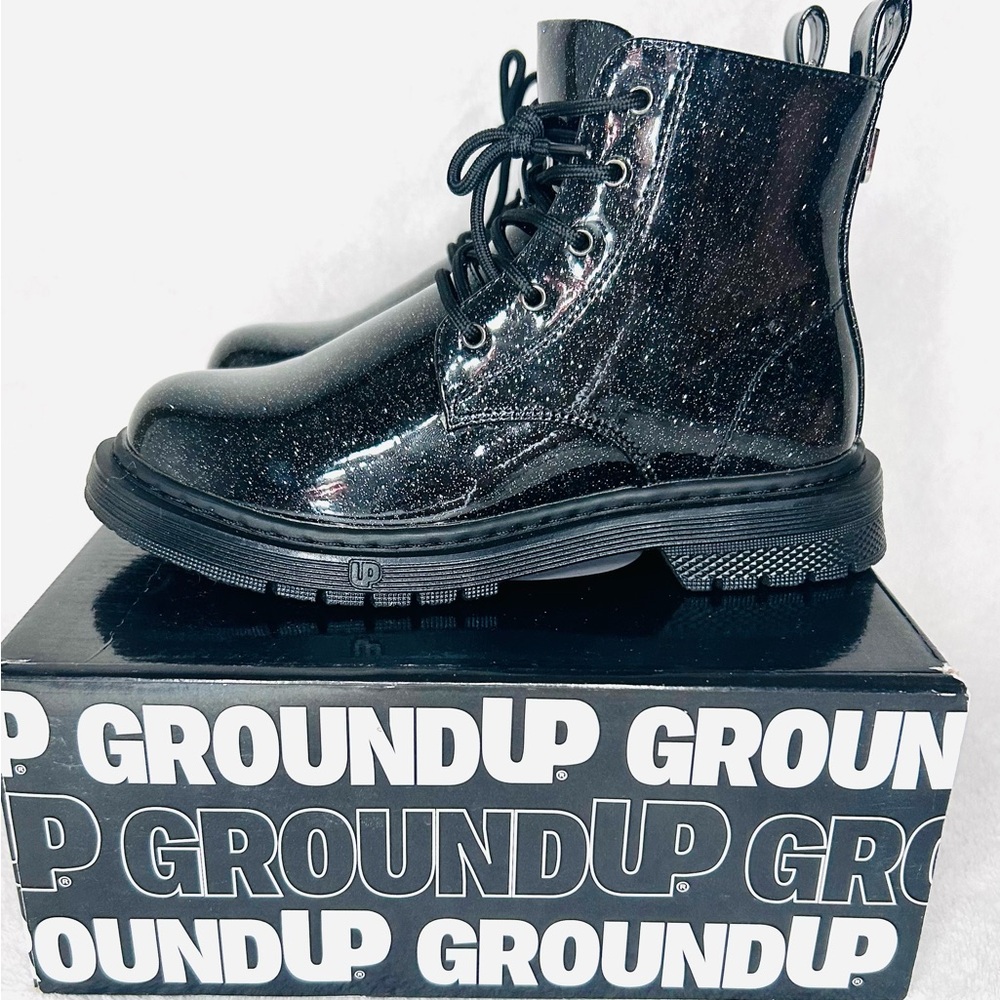 Black Combat Boots with Glossy Finish and Chunky Sole- NIB